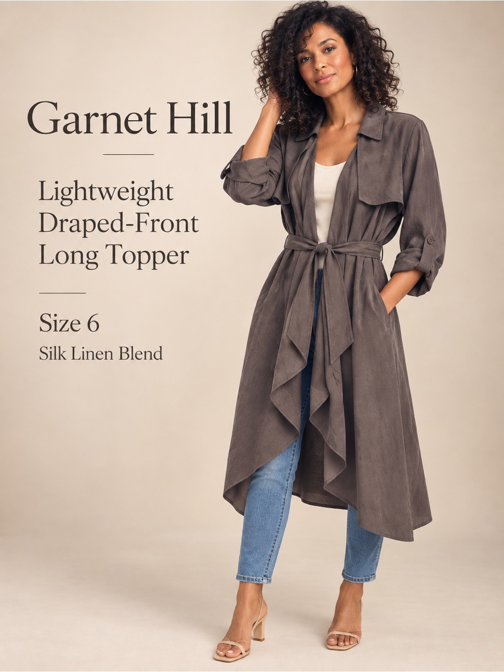 Garnet Hill Silk Linen Lightweight Draped Front Long Topper Coat Size 6